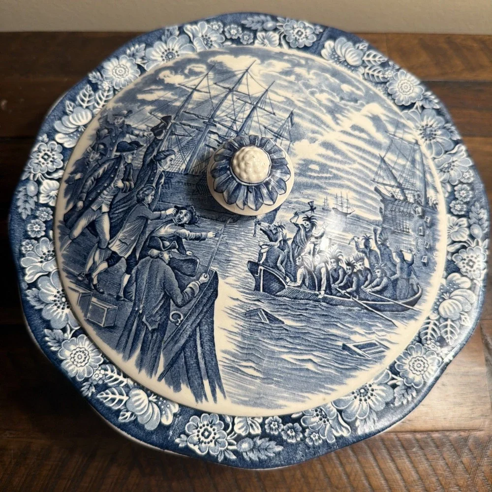 Liberty Blue Staffordshire China Serving Vegetable Bowl Lid Boston Tea Party